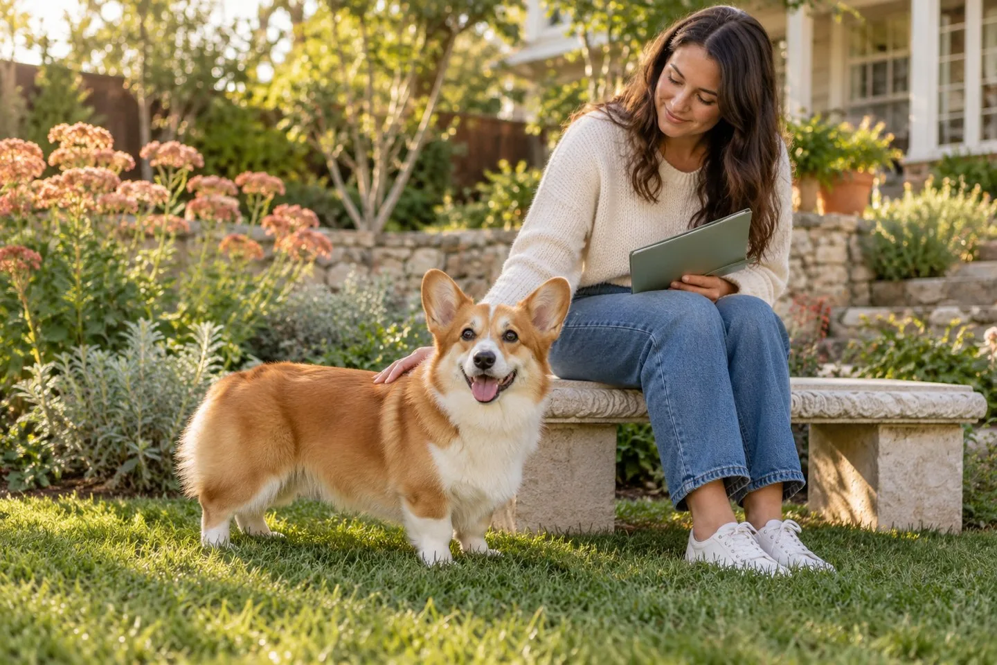 Owner sitting with a dog beside flowers in a garden